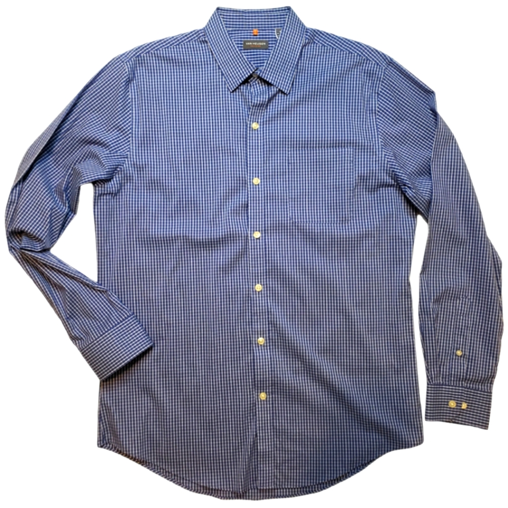 Van Heusen Button up Plaid Blue White Men's Dress Shirt